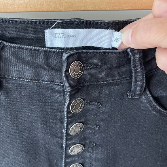 TNR Black High Rise Skinny Jeans Button Fly Distressed Hem Stretch Denim 2/26 - Picture 4 of 6